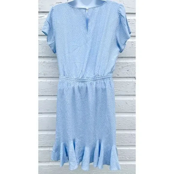LOFT Dress Womens M Light Blue Polka Dot Godet Ruffle Tie Waist Minimalist - Picture 7 of 9